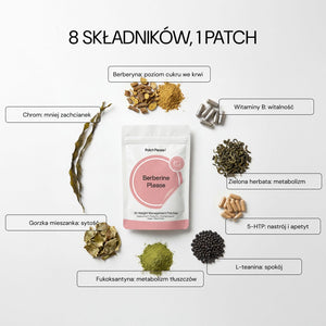 8 składników w jednym patchu: berberyna, witaminy B, zielona herbata, 5-HTP, L-teanina, fukoksantyna, gorzka mieszanka, chrom