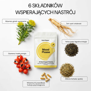6 składników wspierających nastrój: różeniec górski, żeń-szeń, yerba mate, zielona herbata, witaminy B, guarana