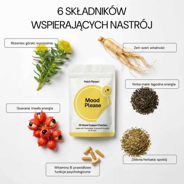 6 składników wspierających nastrój: różeniec górski, żeń-szeń, yerba mate, zielona herbata, witaminy B, guarana