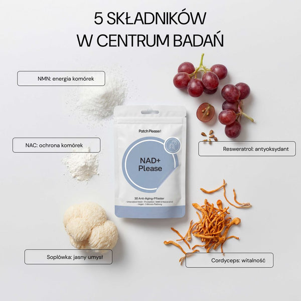 5 składników: NMN, resweratrol, cordyceps, soplówka jeżowata, NAC