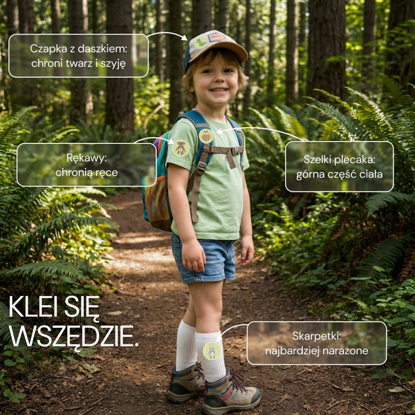 No Bite Please Kids klei się wszędzie: czapka, rękawy, plecak, skarpetki