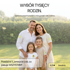 Rodzina z patchami No Bite Please na ubraniach