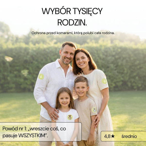 Rodzina z patchami No Bite Please na ubraniach